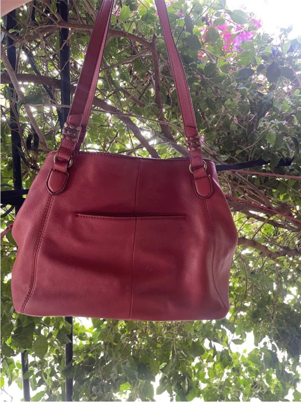 The Saks Red Leather Y2K beaded three way bag, EUC